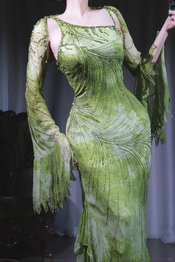 Niulatu Green Sheath Long Prom Dresses Chiffon Beaded Evening Dress Asymmetrical Neck Formal Dress with Cape HZ1031